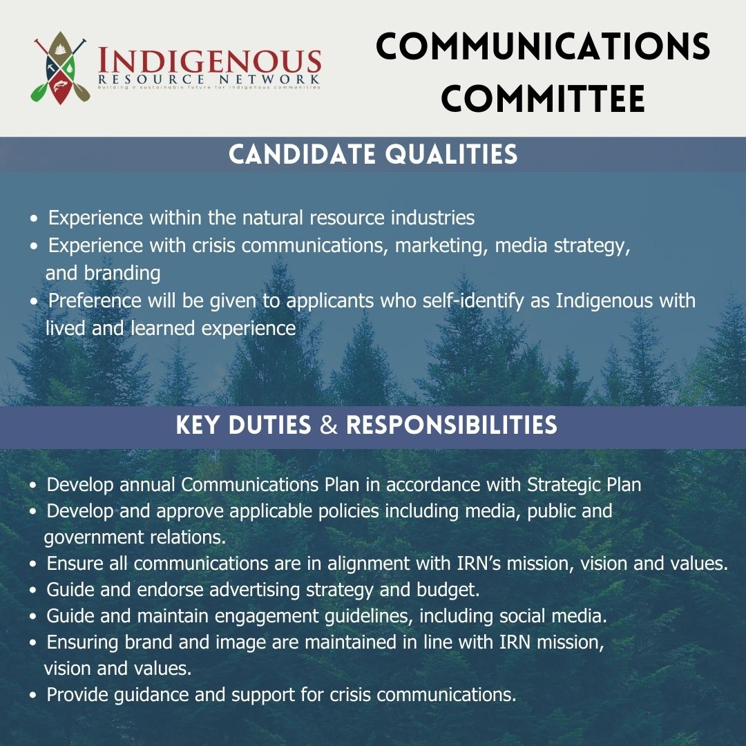 <a href="/IRN_Indigenous/">Indigenous Resource Network</a> seeks experienced professionals to join its finance committee loom.ly/3WcPaJI and its communications committee loom.ly/l8yHJzk
