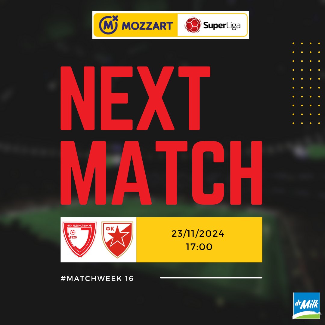 FK Jedinstvo 🆚 FK Crvena Zvezda 
🗓️ SUBOTA 23. NOVEMBAR 
⏰ 17:00
🏆#mozzartbetsuperliga
🏟️ Stadion "Dragan Džajić"

#fkjedinstvoub #superligasrbije #mozzartbetsuperliga