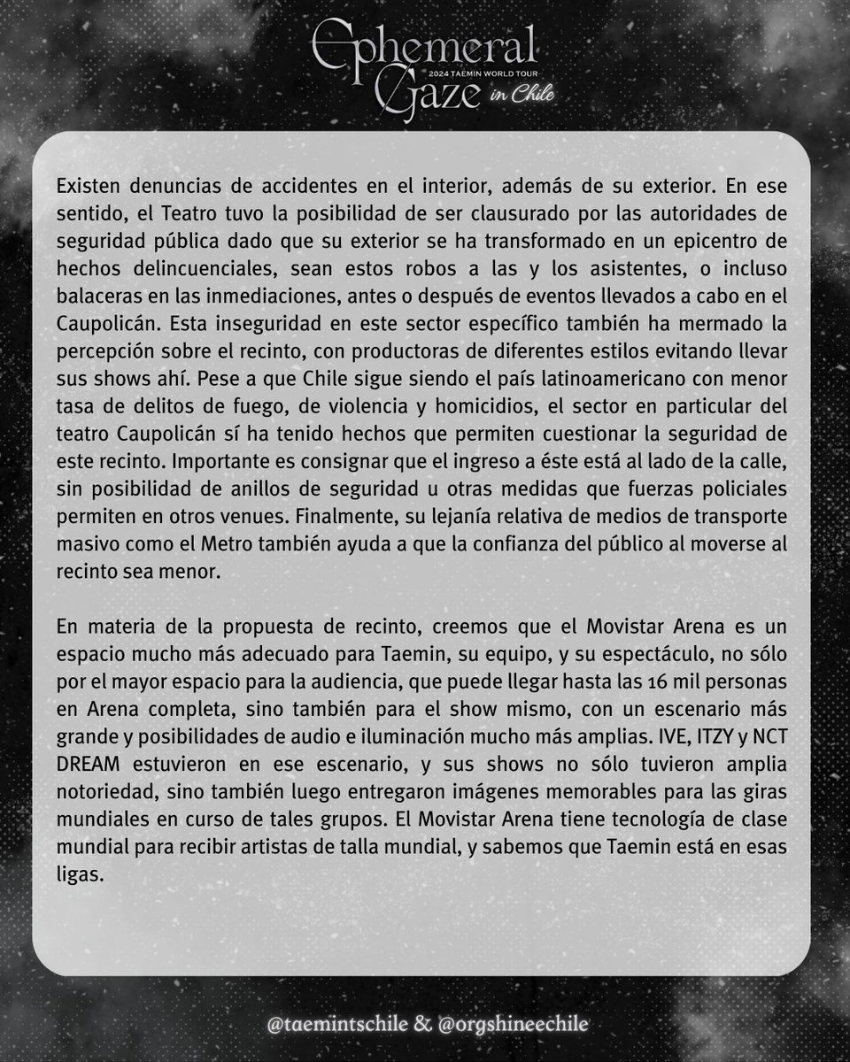 TaemintsChile's tweet photo. 💎Shawols y Taemints💎

Compartimos con ustedes la carta enviada a BPM y a la productora Have Fun Together, a cargo del tour de Taemin en LatAm.

Hoy 20:00hrs. usa:
#MovistarArenaCLxTaemin
@TAEMIN_BPM
@HFT_official_
@bpmentofficial

Organizan:
@taemintschile
@orgshineechile https://t.co/zbou2or4Kp