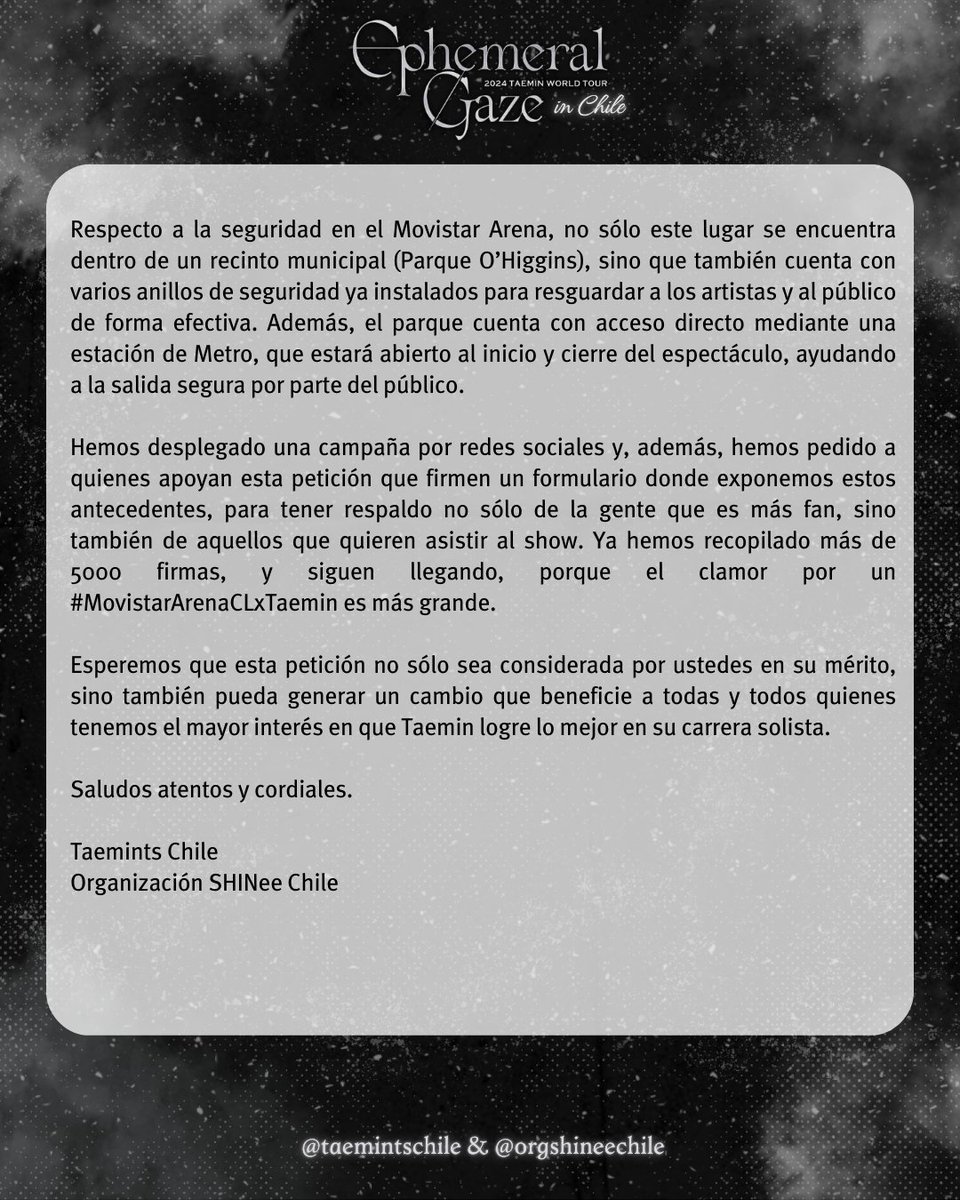 TaemintsChile's tweet photo. 💎Shawols y Taemints💎

Compartimos con ustedes la carta enviada a BPM y a la productora Have Fun Together, a cargo del tour de Taemin en LatAm.

Hoy 20:00hrs. usa:
#MovistarArenaCLxTaemin
@TAEMIN_BPM
@HFT_official_
@bpmentofficial

Organizan:
@taemintschile
@orgshineechile https://t.co/zbou2or4Kp