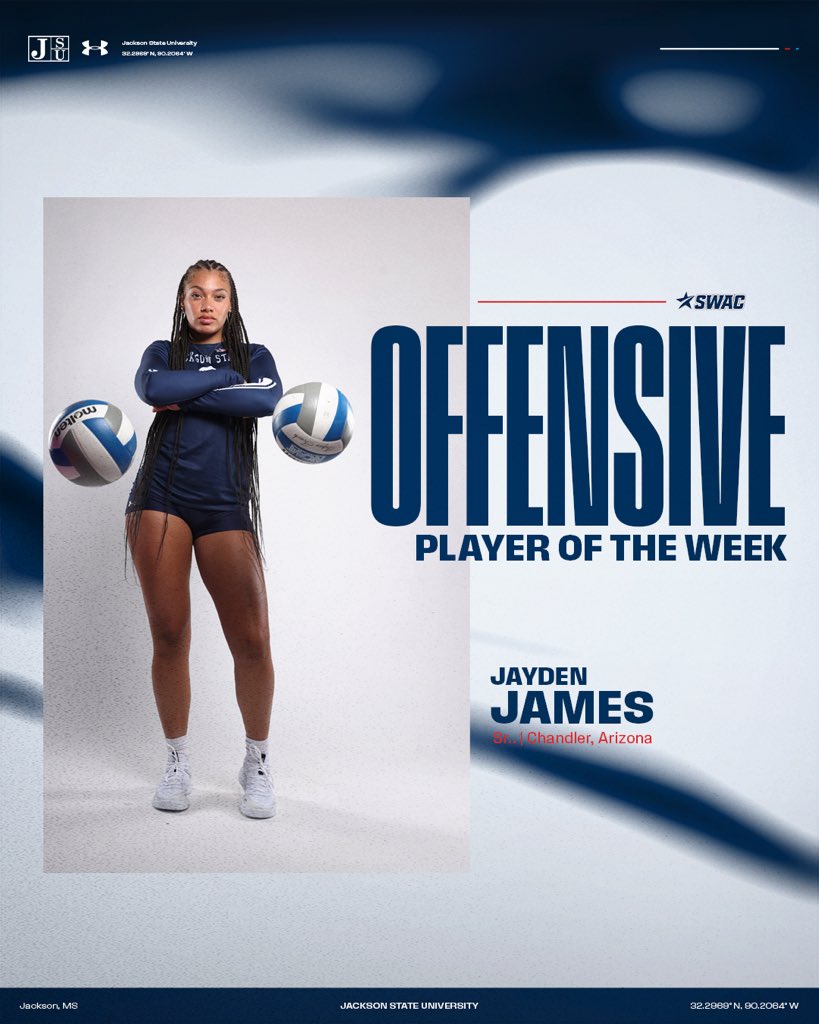 There she goes🗣️

Jayden James notched 41 kills, 20 digs, four total blocks and her 10th double-double last weekend to be named SWAC Offensive Player of the Week!

#TheeILove | #GoJSUTigersVB🐅