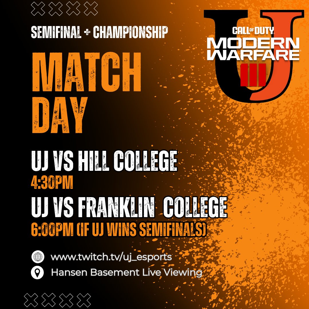 ANOTHER DAY OF GAMES! Join us today as our Call of Duty JV squad faces off against Hill College in NACE Varsity Plus semifinals at 4:30! If UJ wins, they'll play in the championship round at 6:00. We'll have a live viewing in the Hansen Basement and on twitch.tv/uj_esports