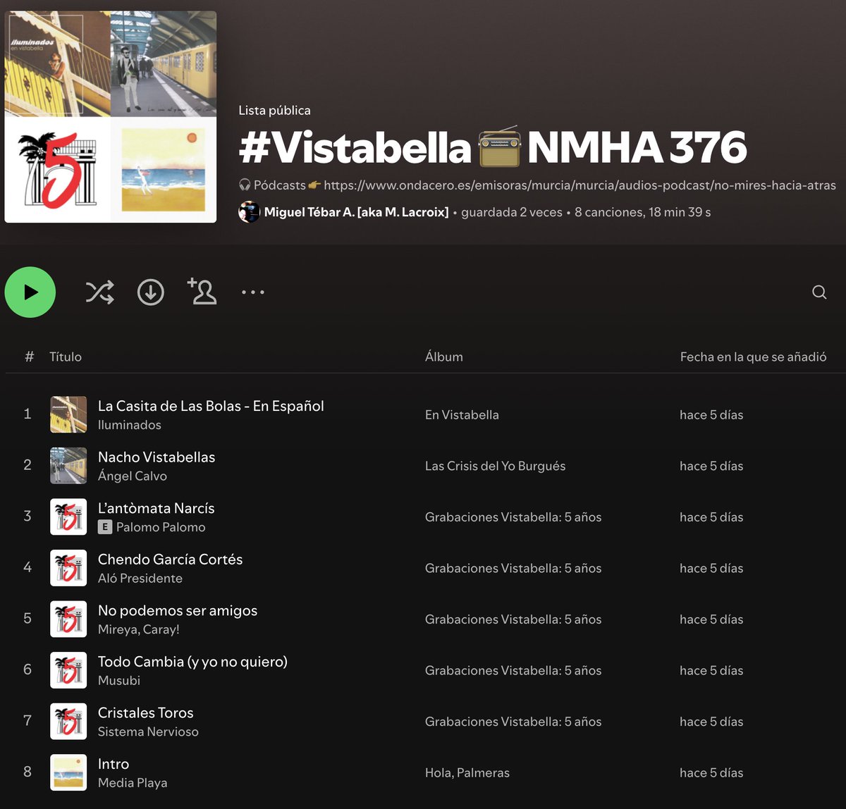 🎧el pódcast📻vol.376 –emitido la semana pasada– son 15' dedicados a #Vistabella con música por: #MediaPlaya #Iluminados #ÁngelCalvo #PalomoPalomo #AlóPresidente #MireyaCaray #AnaCano #Musubi #Caries #SistemaNervioso
Gracias x escuchar👂y ojalá te agrade🤗bit.ly/NoMiresHaciaAt…