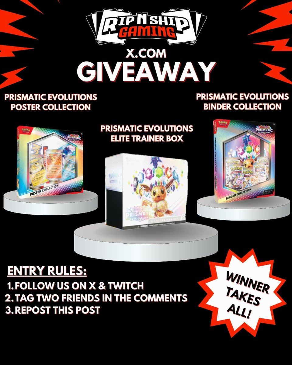 Pokemon Prismatic Evolutions Giveaway! This set comes out on January 17th. We're giving these prizes away on January 8TH!!
How To Enter:
1. Follow us on X &amp; Twitch
2. Tag two friends in the comments
3. Repost THIS post to your feed
Winner will be chosen on January 8, 2024.
Good