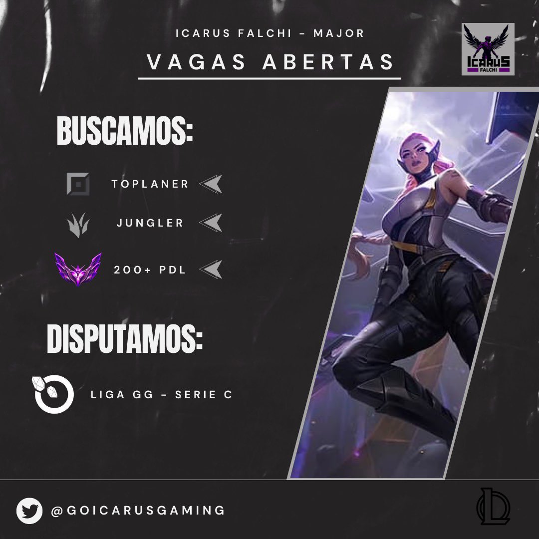 Preparações para o próximo split a todo vapor!
Venha se juntar a Icarus Major buscando o título da série C da <a href="/LigaGG_/">Liga GG</a> 

Tryouts abertos para JUNGLER e TOPLANER! (Mestre+)