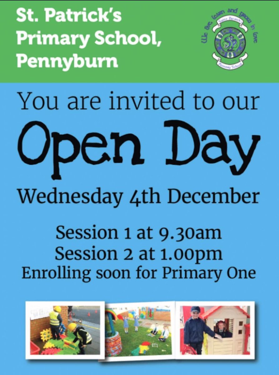 Is your child due to start Primary One in September 2025?

Come along to our Open Day to meet our wonderful staff and children and sample life at St. Patrick’s Primary School on Wednesday 4th December.