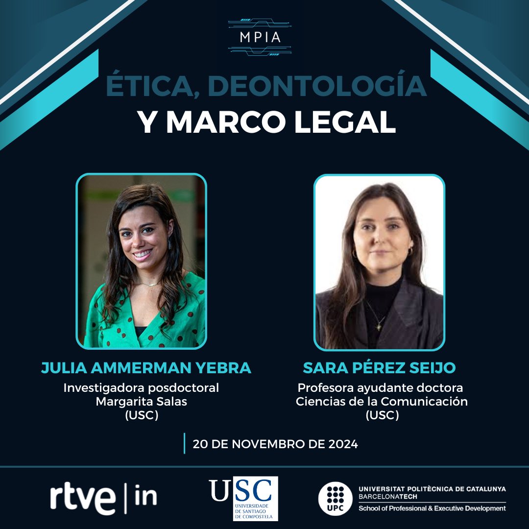 Máster en Periodismo e IA (@mperiodismoia) on Twitter photo 🔵 Sara Pérez Seijo (<a href="/SaraPSeijo/">Sara Pérez-Seijo</a> ) y Julia Ammerman Yebra ofrecieron hoy una visión general y actualizada sobre la ética, deontología y el marco legal aplicado a la Inteligencia Artificial, con un enfoque particular en el sector de los medios de comunicación.
#mpia #deontologia 🔵 Sara Pérez Seijo (<a href="/SaraPSeijo/">Sara Pérez-Seijo</a> ) y Julia Ammerman Yebra ofrecieron hoy una visión general y actualizada sobre la ética, deontología y el marco legal aplicado a la Inteligencia Artificial, con un enfoque particular en el sector de los medios de comunicación.
#mpia #deontologia