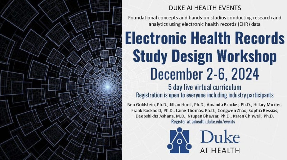 🚨Register for the Duke AI Health Electronic Health Records Study Design Workshop! 5-day virtual class with hands-on studios re the fundamentals of designing EHR-based studies.

Details➡️ duke.is/y/727s
Register➡️ duke.is/v/np65
Deadline📅 Nov 21
Class📅 Dec 2-6