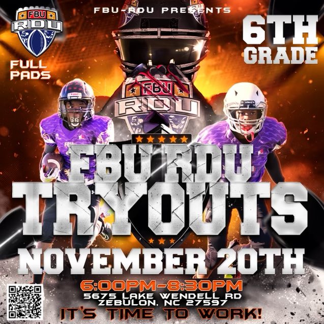 🚨 6th Grade FBU Practice/Tryouts: RAIN OR SHINE! 🚨

📍 Location: 5675 Lake Wendell Rd, Zebulon, NC 27597
🕒 When: 6pm TODAY &amp; TOMORROW

Tap in with Coach Santana at 919-395-9372 for details. Spots are still available!

Register here: bit.ly/FBURDU24