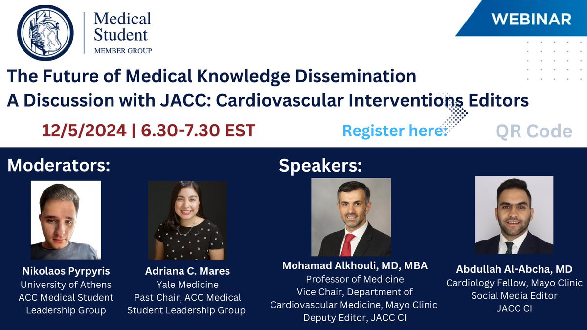 pyrpyris's tweet photo. 🫀Join us on 12/5 for a #ACCMedStudent discussion with @JACCJournals Deputy Editor @adnanalkhouli and SoMe Editor @AbdullahAlabcha regarding how emerging #technologies are transforming medical #knowledge dissemination

🔗Registration➡️ https://t.co/On4bopYvrj

#CardioTwitter https://t.co/VsPMLDgq5O