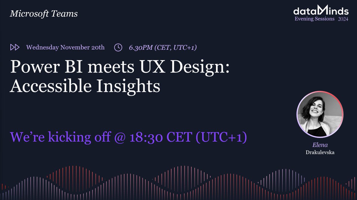 dataMinds (@datamindsbe) on Twitter photo In about 20 minutes <a href="/elenadrakul/">Elena Drakul</a> is joining us for our next #dataMinds evening session!
Be prepared! We're going to dive into #UX design for #PowerBI to unlock #accessible #insights
More info and registration: dataminds.be/power-bi-meets… In about 20 minutes <a href="/elenadrakul/">Elena Drakul</a> is joining us for our next #dataMinds evening session!
Be prepared! We're going to dive into #UX design for #PowerBI to unlock #accessible #insights
More info and registration: dataminds.be/power-bi-meets…