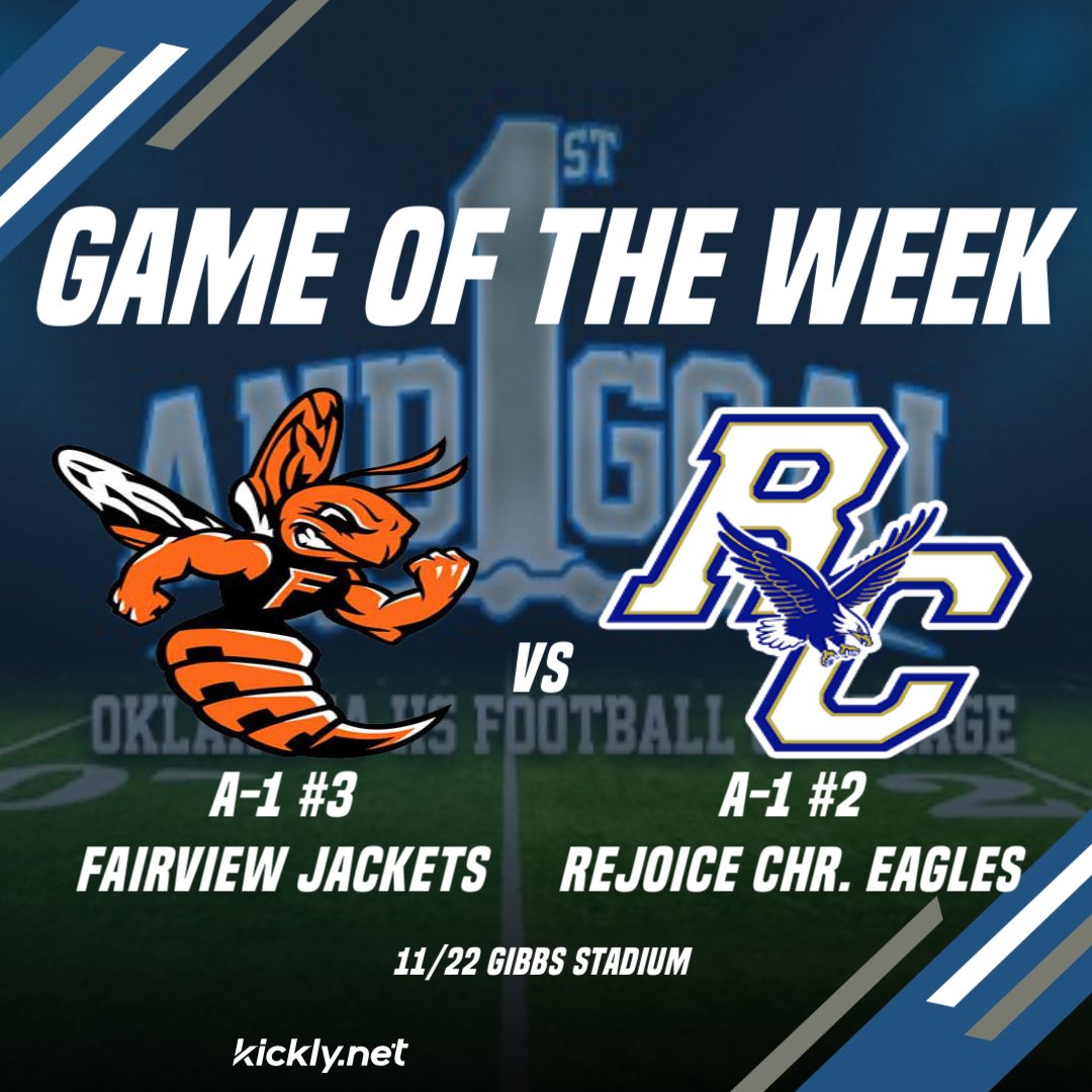 1stGoalOKHSFB's tweet photo. Quarterfinals Games of the Week!

Last Matchup- First Matchup

Series History- 0-0

Players to Watch
Rejoice- Xavier Okwufulueze WR/ATH
(@xavier_okwu)

Fairview- Boden Miller LB/C
(@boden_miller20)

#okpreps https://t.co/QXIiOomWHO