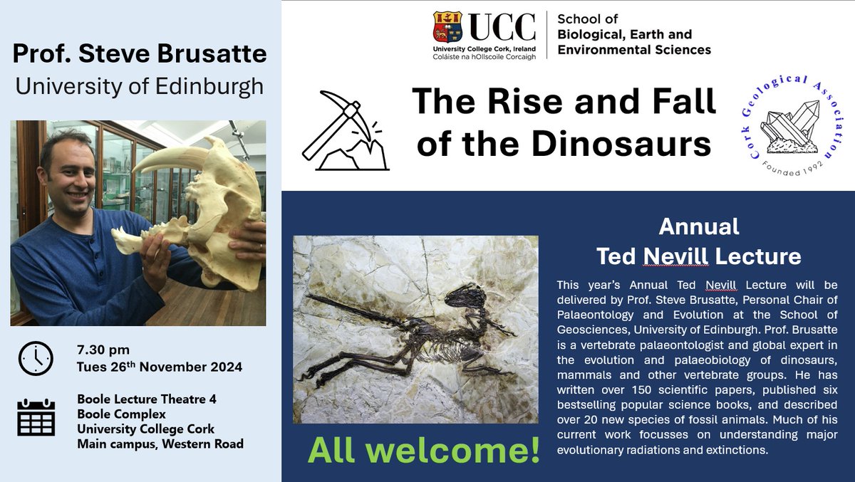 Maria McNamara (@mariamcn_palaeo) on Twitter photo PUBLIC LECTURE on DINOSAURS! World dinosaur expert <a href="/SteveBrusatte/">Steve Brusatte</a> will deliver the Annual Ted Neville lecture on Tues 26 Nov at 7.30 in Lecture theatre Boole 4 followed by refreshments. All welcome! Get your dino costume out! <a href="/SEFSUCC/">SEFS<a href="/UCC/">UCC Ireland</a></a> <a href="/IrishFossils/">Ireland's Fossil Heritage</a> <a href="/CorkGeological/">CorkGeologicalAssociation</a> <a href="/uccBEES/">Biological, Earth & Environmental Sciences, UCC</a> @UCC PUBLIC LECTURE on DINOSAURS! World dinosaur expert <a href="/SteveBrusatte/">Steve Brusatte</a> will deliver the Annual Ted Neville lecture on Tues 26 Nov at 7.30 in Lecture theatre Boole 4 followed by refreshments. All welcome! Get your dino costume out! <a href="/SEFSUCC/">SEFS<a href="/UCC/">UCC Ireland</a></a> <a href="/IrishFossils/">Ireland's Fossil Heritage</a> <a href="/CorkGeological/">CorkGeologicalAssociation</a> <a href="/uccBEES/">Biological, Earth & Environmental Sciences, UCC</a> @UCC