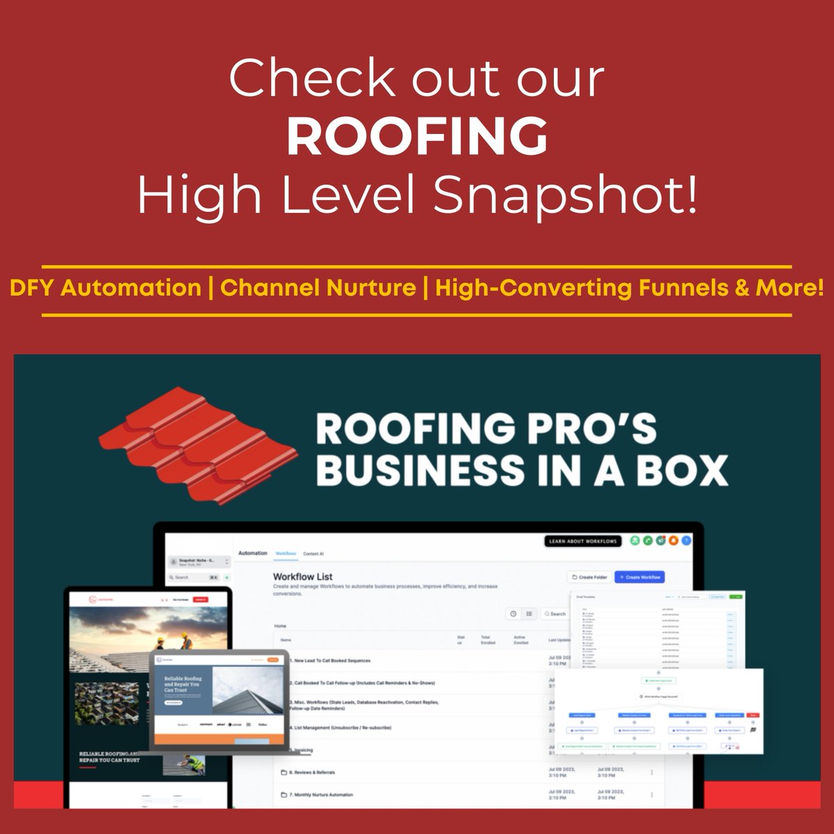 HLProTools's tweet photo. The Epic Roofing Snapshot is designed to capture leads, nurture prospects, and convert customers into promoters. With this snapshot, you can deliver a solution for Roofing Company Owners that surprises and delights. 
Check it out today at https://t.co/5q46Mcglt2 https://t.co/fOTucr2MSZ