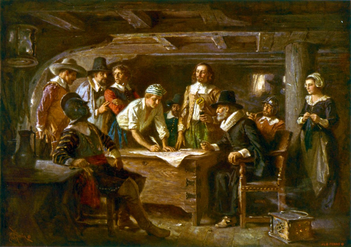 CapitolHistory's tweet photo. #OTD in #history 1620, the #Mayflower Compact was signed. Winds pushed the #Pilgrims from their intended destination, threatening mutiny once ashore. The Compact was thus "the first foundation of their government in this place,” the governor explained, to ensure order—&amp; survival. https://t.co/jVs4ZXfApP