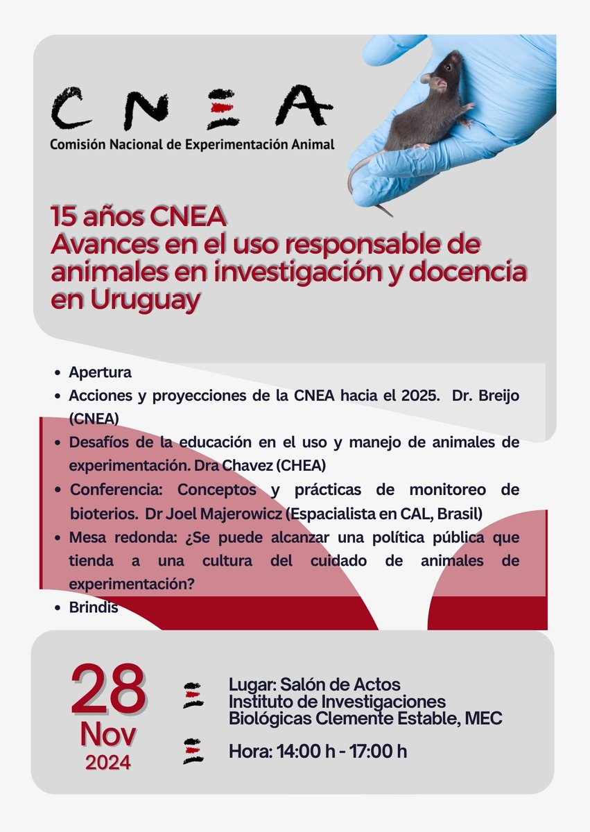 dicytmec's tweet photo. Actividad para CEUAs organizada por la Comisión Nacional de Experimentación Animal 

15 años #CNEA Avances en el uso responsable de animales en investigación y docencia en #Uruguay 

28 NOV de 14 a 17 h en el Salón de Actos del @IIBCE (Avda. Italia 3318) 
ℹ️secretaria@cnea.gub.uy https://t.co/GqFQ3KdD2C