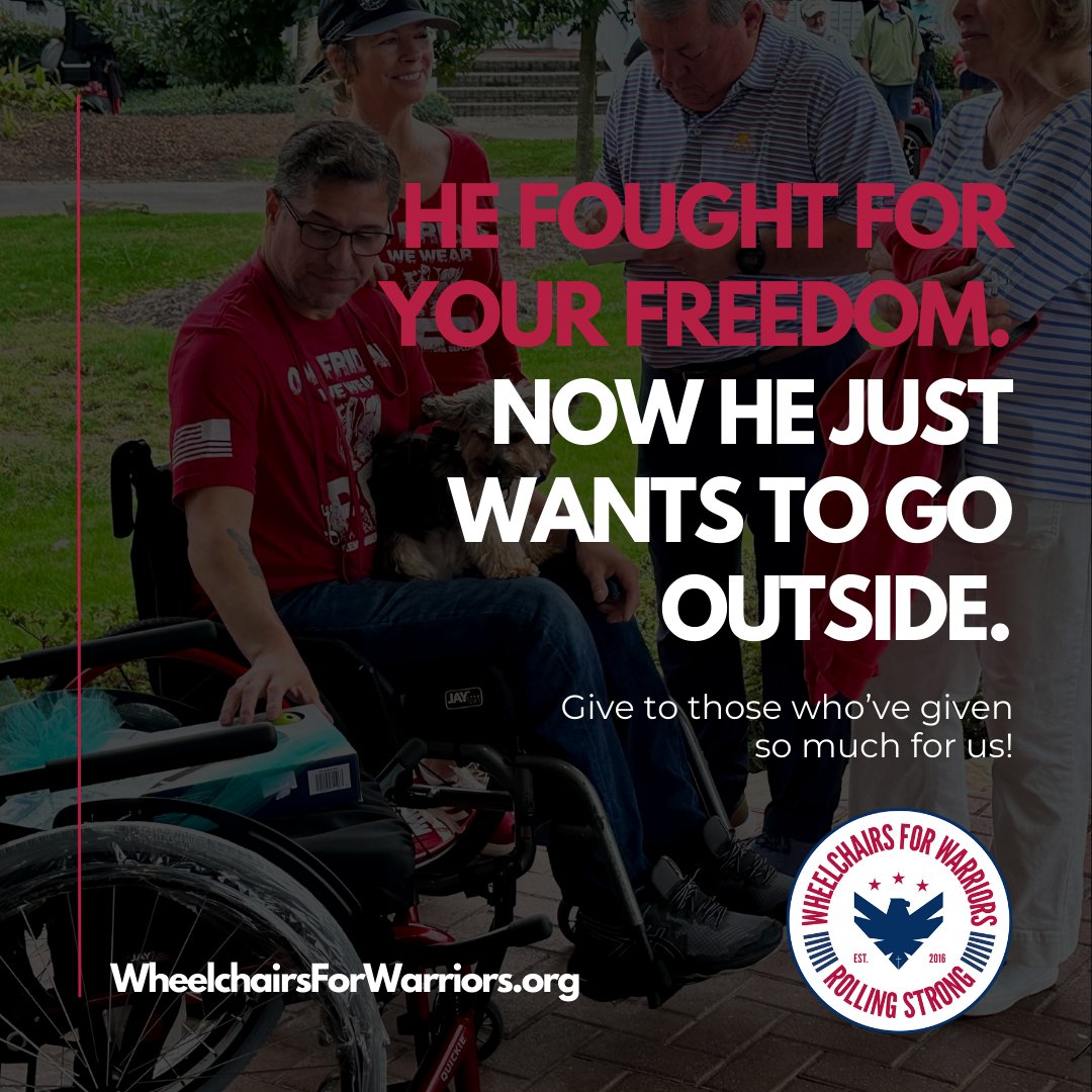 Chairs4warriors's tweet photo. He Fought for Our Freedom—Now He Just Wants to Go Outside.
Most of us can step outside freely, some of our heroes can only dream of it.
Give custom-fit mobility solutions to our veterans and first responders injured in the line of duty. 💙
#SupportOurHeroes #RollingStrong https://t.co/YfRHrgomHP