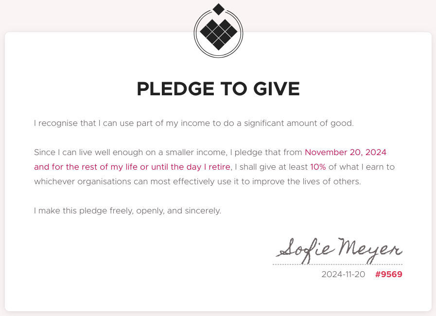 It's my birthday today, and I've decided to start donating 10% of what I earn to effective charities, until I retire. Feels good 🥰🔸
<a href="/givingwhatwecan/">Giving What We Can 🔸</a> <a href="/giveffektivt/">Giv Effektivt</a>