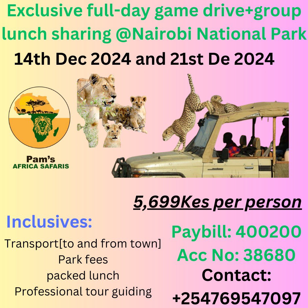 Full day game drive at Nairobi national park this December at a very pocket friendly price
Contact us to book your slot.
#safari #kenyatourism #adventure #adventuretime #Nairobinationalpark #gamedrive