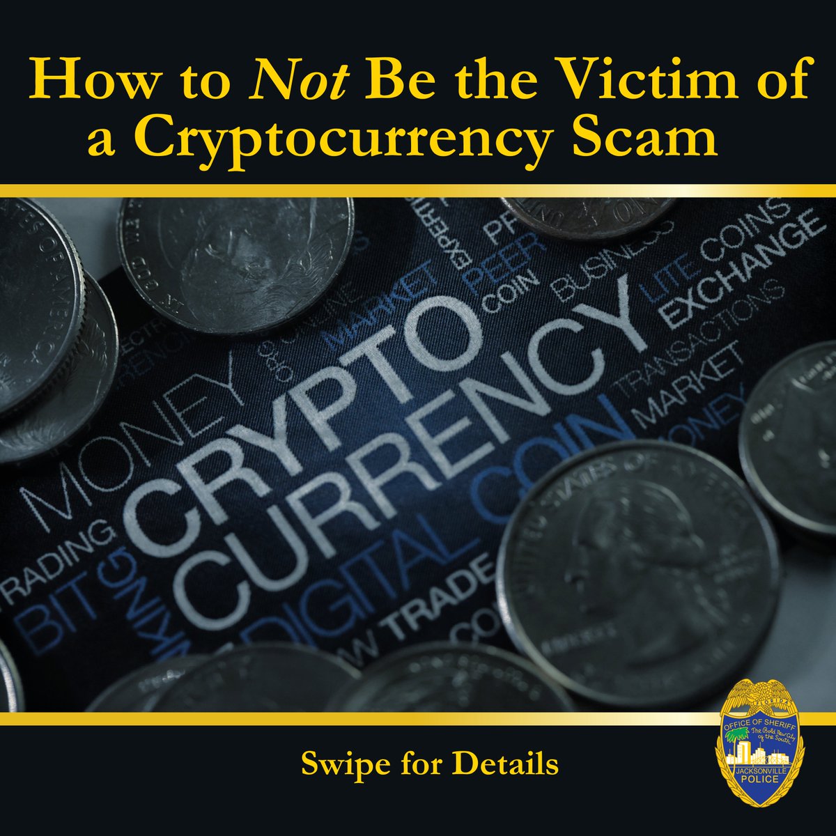 JSOPIO's tweet image. Don’t fall victim to cryptocurrency scams, #Jax! 🚨 This week, the Jacksonville Sheriff’s Office Economic Crimes Unit is raising awareness of the growing risks of cryptocurrency scams for #FraudAwarenessWeek. As cryptocurrency gains popularity, criminals are increasingly using it…