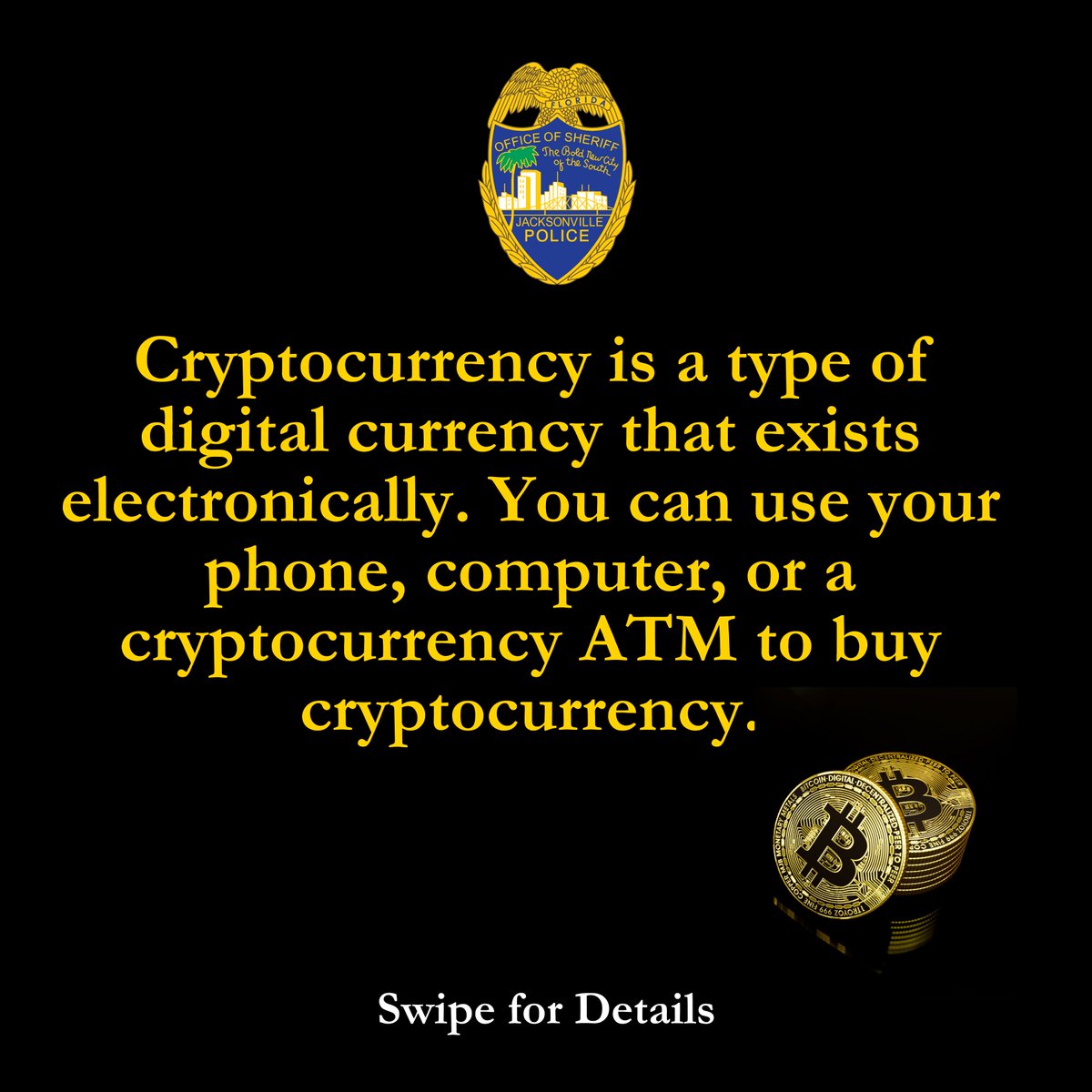 JSOPIO's tweet image. Don’t fall victim to cryptocurrency scams, #Jax! 🚨 This week, the Jacksonville Sheriff’s Office Economic Crimes Unit is raising awareness of the growing risks of cryptocurrency scams for #FraudAwarenessWeek. As cryptocurrency gains popularity, criminals are increasingly using it…