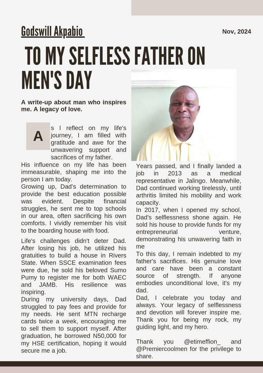 AkpabioGodswill's tweet photo. A father's sacrifice, a legacy of love.
#PremierCoolMEN
#MENthatinspire https://t.co/1Jbzt2u5Lq