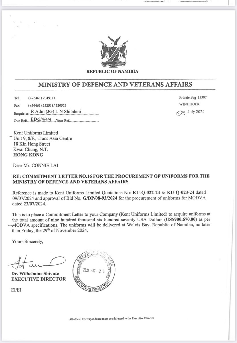Shipululo's tweet photo. Dear Namibians 🇳🇦
I JUST Finished Watching the so-called URGENT PRESS CONFERENCE of the  Defence Ministry. STRANGE things happens in this COUNTRY. Apparently an Invoice stating 1 quantity means many quantities as “brands”. Items without Product/stock numbers. We must be Stupid. But we will deal with this later.  If you think N$ 8 Million is a lot, wait until tomorrow. Tomorrow, before 10h00, we will RELEASE Documents of a CORRUPT PURCHASE of Uniform from a Hong Kong company, Kent Uniforms Limited, that Exceeds the Procurement Thresholds, Concluded in US Dollars, Uniform that can be Produced in Namibia and Given to Hong Kong Company without a Tender. It is in Hong Kong where Corrupt Generals and Officials keep Corrupt Millions! Former Minister have his Millions in Hong Kong. The total is N$ 16 Million. Read this letter in preparations. The Defence Ministry, whose Generals attends/address Rallies of the Corrupt Party in Uniform must arrange ANOTHER PRESSOR.