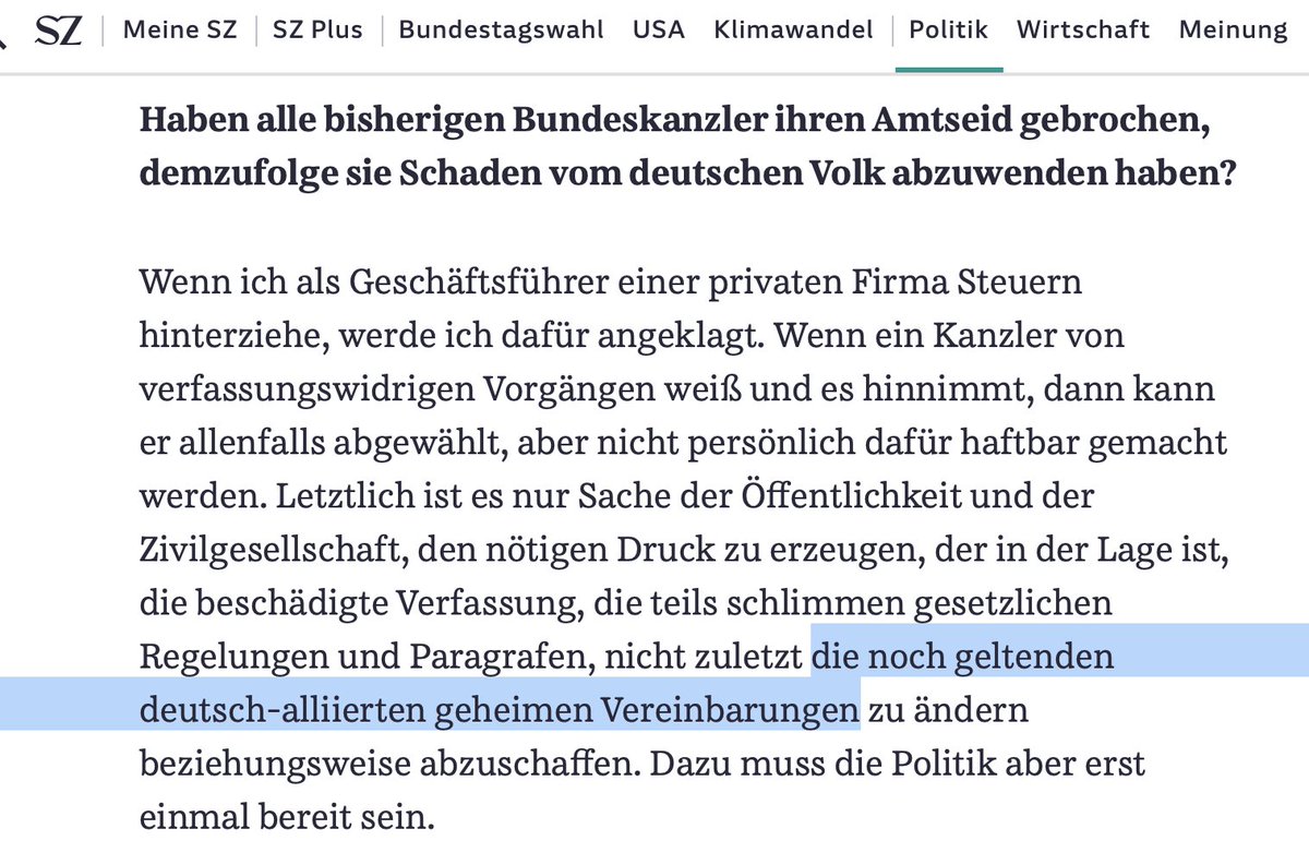 FWarweg's tweet photo. Bin heute im Zuge einer Recherche auf diese Perlen aus einer @SZ-Artikel- & Interviewreihe  von 2013 gestoßen. Der Freiburger Historiker Josef Foschepot hatte bei Archivrecherchen herausgefunden, dass die Geheimklauseln beim Zusatzabkommen zum #NATO-Truppenstatut von 1963 bis heute gelten & damit den #USA ermöglichen, in Deutschland ganz legal wen & was sie wollen auszuspionieren & zudem das Recht haben, bei Bedarf in das System der 🇩🇪Strafverfolgung einzugreifen.

In den diesbezüglichen SZ-Beiträgen zum Thema fallen dann so Sätze wie:

 "In diesem Sonderrecht spiegeln sich nach wie vor Sieger- und Besatzungsrecht wider." 

Oder: 

"Truppenstatut, Verwaltungsvereinbarung und geheime Note überdauerten auch die Wiedervereinigung, sie gelten bis zum heutigen Tage weiter."

Und: 

"Die Bundesregierung hat inzwischen zugegeben, dass die Verwaltungsvereinbarung von 1968 noch in Kraft ist."

Auch dieser Passus würde es heute wohl nicht mehr in die SZ schaffen: 

"Letztlich ist es nun Sache der Öffentlichkeit und der Zivilgesellschaft, den nötigen Druck zu erzeugen, der in der Lage ist, die beschädigte Verfassung, die teils schlimmen gesetzlichen Regelungen und Paragrafen, nicht zuletzt die noch geltenden deutsch-alliierten geheimen Vereinbarungen zu ändern beziehungsweise abzuschaffen. Dazu muss die Politik aber erst einmal bereit sein."

Hatte dazu vor dem Hintergrund des Skandalurteils der US-Militärgerichts in der Spangdahlem Air Base (Freispruch eines US-Soldaten trotz Geständnis einen 🇩🇪Staatsbürger getötet zu haben)  auch heute in der #BPK nachgefragt. Antwort war mal wieder ein Klassiker. Video dazu morgen...

Quelle Interview: 

https://t.co/ue7a3f9s3G

Quelle Artikel: 

https://t.co/XfL4bTTE9i
