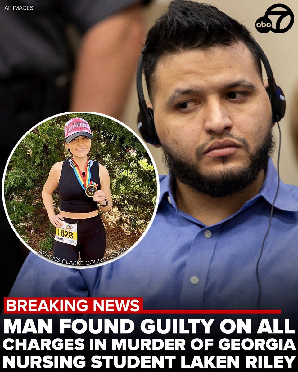 ABC7's tweet photo. #BREAKINGNEWS: Jose Ibarra, a Venezuelan man accused of murdering Laken Riley on the University of Georgia's campus, was found guilty on all charges Wednesday, including malice murder and felony murder. 

Ibarra's case became a rallying cry for immigration reform from many conservatives, including President-elect Donald Trump. https://t.co/AZSGZVu0NE
