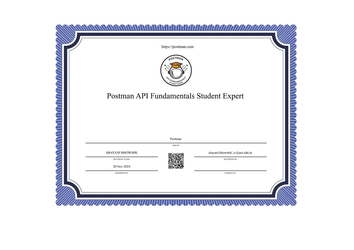 shayani2003's tweet image. 🚀 Excited to share that I’m now a Postman Student Expert!
✨Mastered API methods and implemented authentication techniques.Automated workflows with scripting, built dynamic API requests, and solved real-world challenges.
@postman #postmanStudent @getpostman @girlscriptsoc