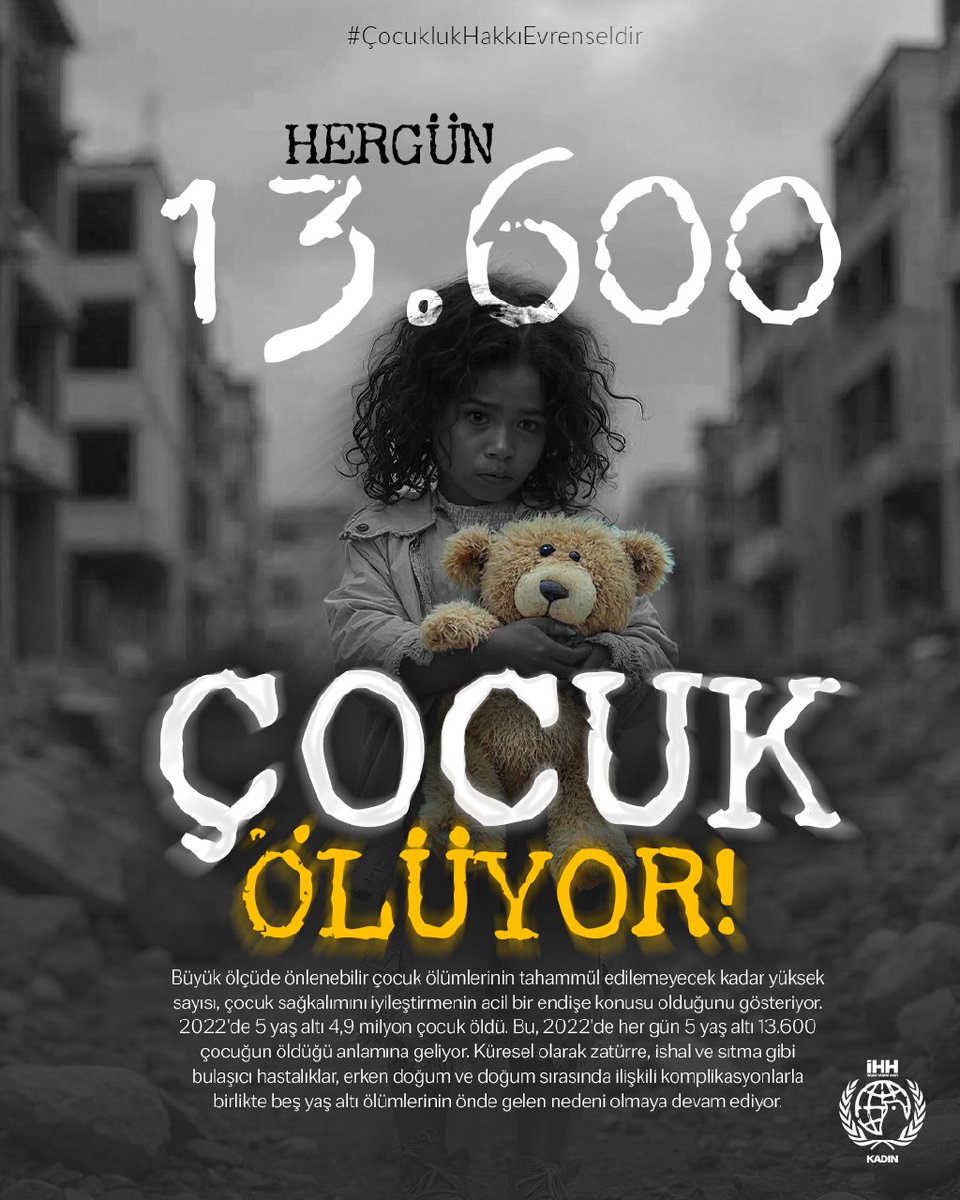 Hergün 13.600 ÇOCUK ÖLÜYOR 
Büyük ölçüde önlenebilir çocuk ölümlerinin tahammül edilemeyecek kadar yüksek sayısı, çocuk sağkalımını iyileştirmenin acil bir endişe konusu olduğunu gösteriyor. 2022'de 5 yaş altı 4,9 milyon çocuk öldü
#ÇocuklukHakkıEvrenseldir #DünyaÇocukHaklarıGünü