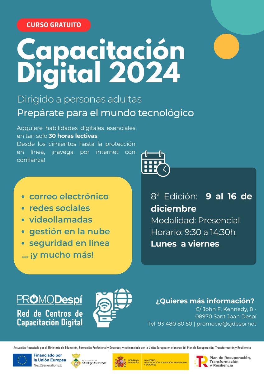 📢Places disponibles per al curs de capacitació digital! 🗓️Dates: del 9 al 16 de desembre🏨Presencial⏰ Horari: 9:30 a 14:30 hores (de dilluns a divendres). No et perdis aquesta oportunitat única de formar-te! Inscriu-te ara! 📷 ⏰💻 bit.ly/4i91xAe