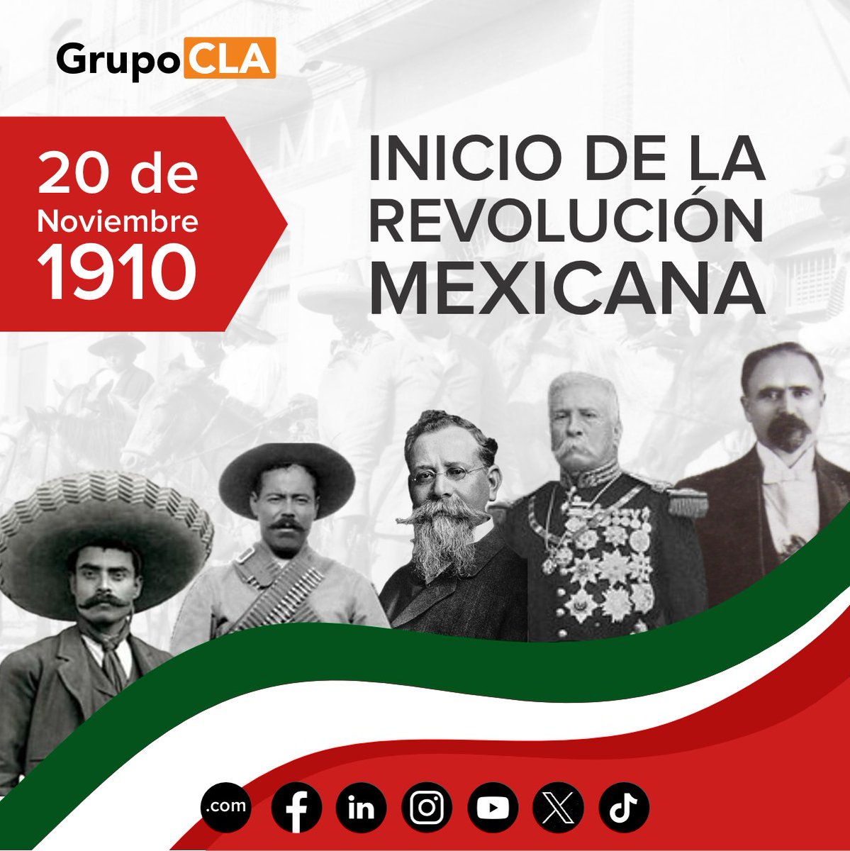 GrupoCLA's tweet photo. En el Día de la #RevoluciónMexicana, recordamos a los héroes que nos dieron libertad y lucharon por un país más justo. 
#GrupoCLA #RevoluciónMexicana https://t.co/djMS7TIVl8