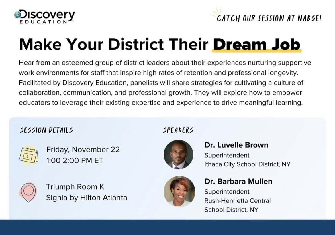 Join <a href="/DiscoveryEd/">Discovery Education</a> at #NABSE24 <a href="/NABSE_org/">NABSE_org</a> as <a href="/MissRo14/">Ronique Hicks</a> moderates a powerful panel on creating a culture that attracts top talent in K-12! Featuring visionary superintendents <a href="/luvelleb/">Luvelle Brown</a> and Dr. Barbara Mullen, who exemplify courageous leadership.