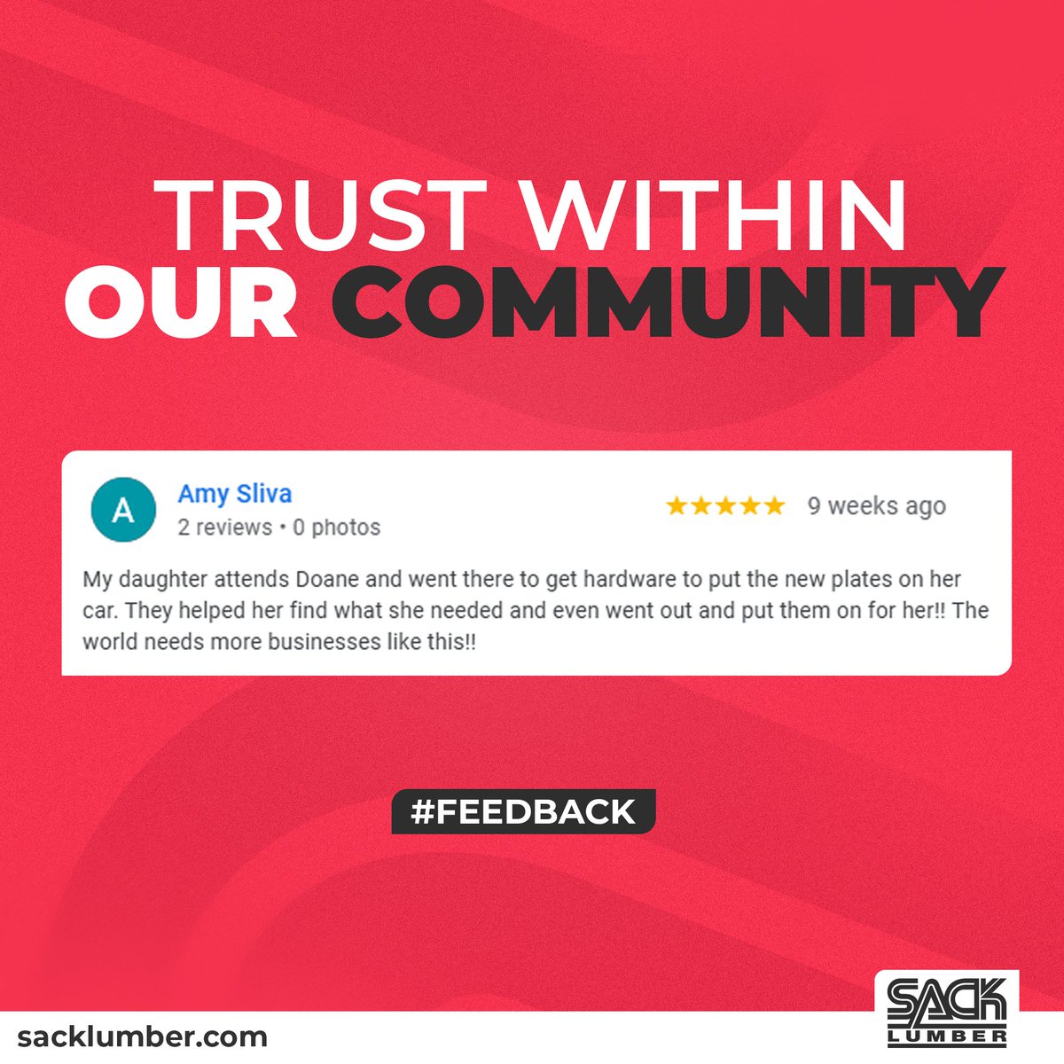 We're proud to be trusted by members within our community, visit us today and see why we’re a 5-star favorite! ⭐️⭐️⭐️⭐️⭐️
.
Don't forget to leave a review on any of our Sack Lumber locations! ✍️
.
#5StarService #SackLumber #CommunityTrust #feedback