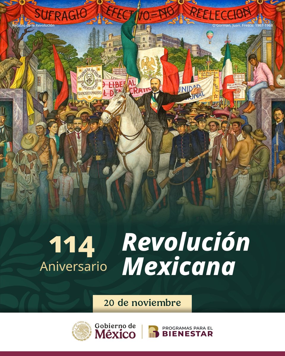 BienestarMH's tweet photo. Conmemoramos el 114 aniversario de la Revolución Mexicana 🇲🇽.

Fue un conflicto armado que iniciado en 1910, como consecuencia del descontento popular hacia la dictadura de Porfirio Díaz. 

Conmemoremos la lucha por la justicia, la igualdad y las libertades en nuestro país. https://t.co/45GivH8o9p