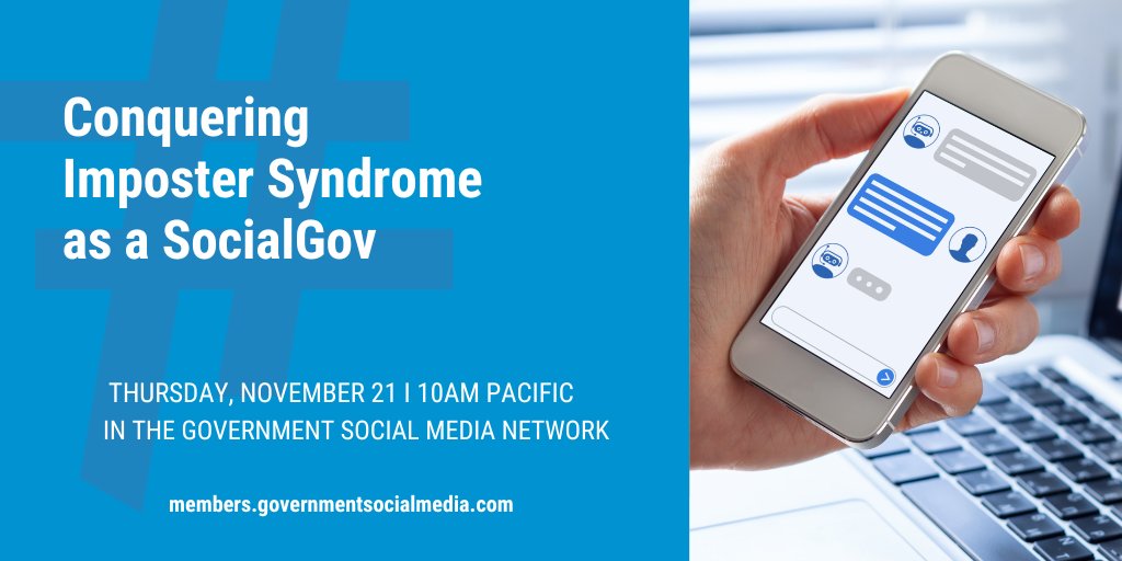 GovernmentSM's tweet photo. Ready to conquer imposter syndrome? Let's tackle it together 💪 Join us for #GSMChat this Thursday, to help you overcome the inner critic that can hold you back from feeling like you "belong" in your govt social media role.
RSVP in our free network: https://t.co/6wqefeo7TG https://t.co/JKAYOovmqg