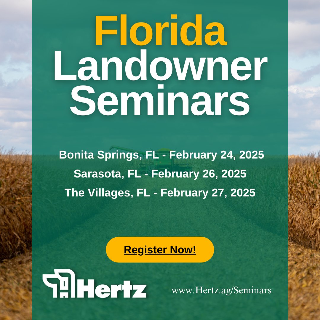HertzAgLand's tweet photo. 🌽Our Winter Landowner Educational Seminars are coming to California, Arizona, and Florida! 🌽

Join us to maximize your farm's potential!

📅Registration Now OPEN! #HertzAg 

Secure your spot today!🔗https://t.co/foFB2XzEki https://t.co/rKyRLkW7hB