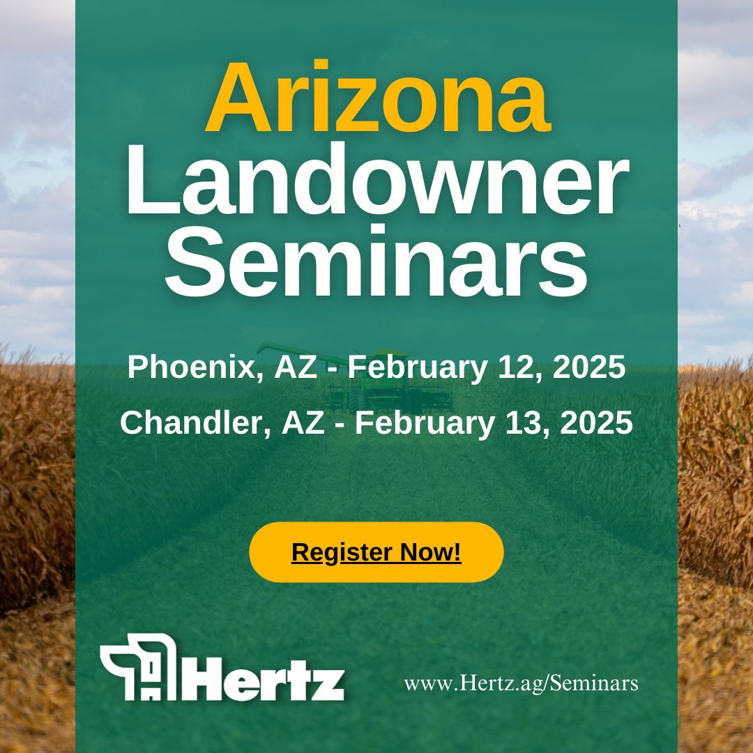 HertzAgLand's tweet photo. 🌽Our Winter Landowner Educational Seminars are coming to California, Arizona, and Florida! 🌽

Join us to maximize your farm's potential!

📅Registration Now OPEN! #HertzAg 

Secure your spot today!🔗https://t.co/foFB2XzEki https://t.co/rKyRLkW7hB