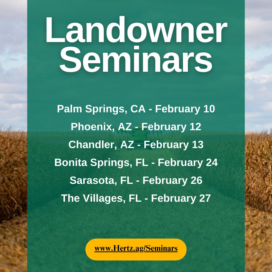 HertzAgLand's tweet photo. 🌽Our Winter Landowner Educational Seminars are coming to California, Arizona, and Florida! 🌽

Join us to maximize your farm's potential!

📅Registration Now OPEN! #HertzAg 

Secure your spot today!🔗https://t.co/foFB2XzEki https://t.co/rKyRLkW7hB