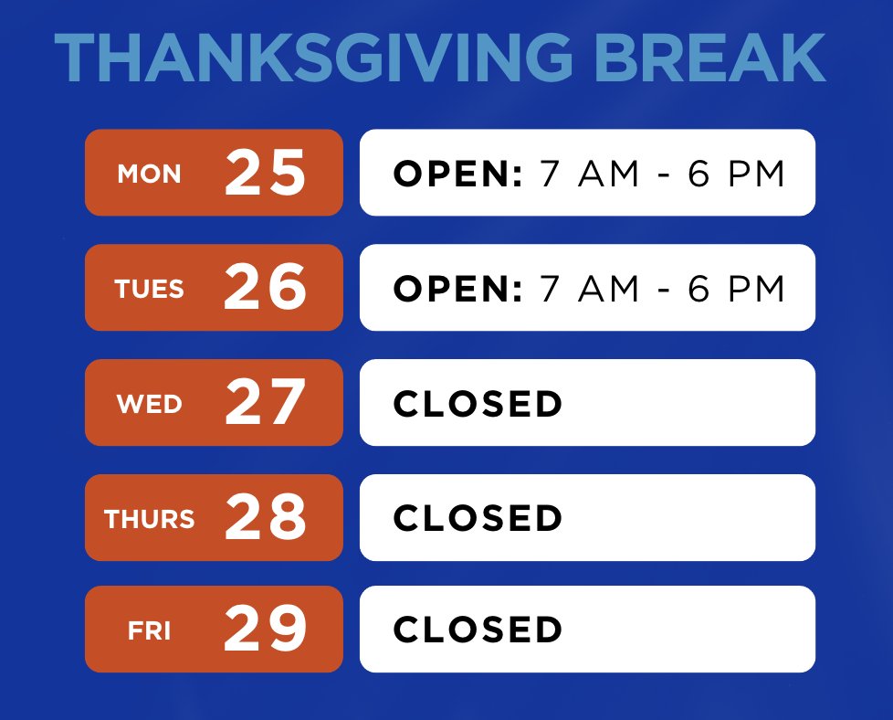 Thanksgiving Break hours for the Health Services Clinic.

11/25-11/26: Open 7 am - 6 pm
11/27-11/29: Closed

Questions and concerns, call (208) 426-1459. The clinic will reopen at 7 am on Monday, Dec. 2

boisestate.edu/healthservices…