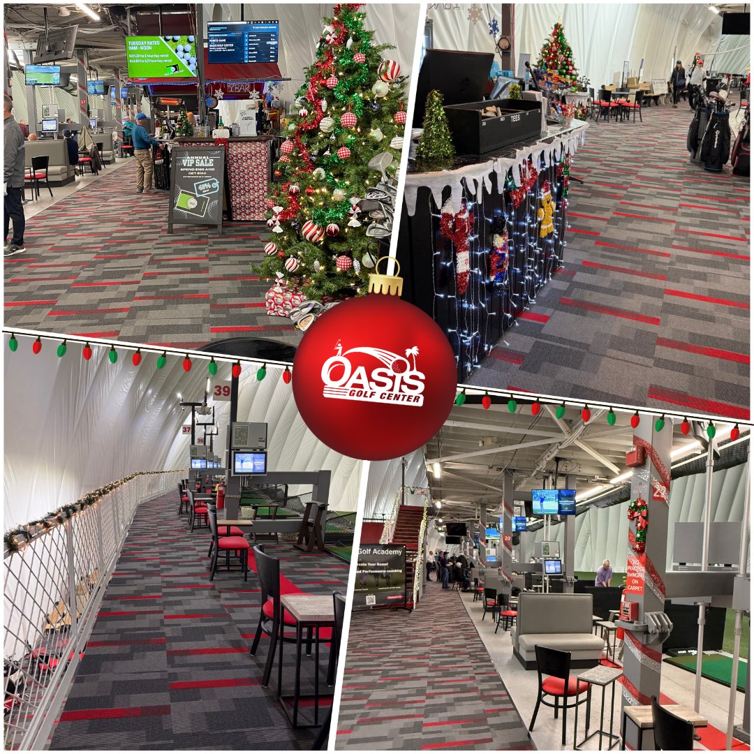 OasisGolfCenter's tweet photo. Our talented assistant manager, Kyle, got hit with the holiday spirit early this year and has spent the last week decking the bays and transforming the dome into a festive escape! https://t.co/hUCN7g68uy