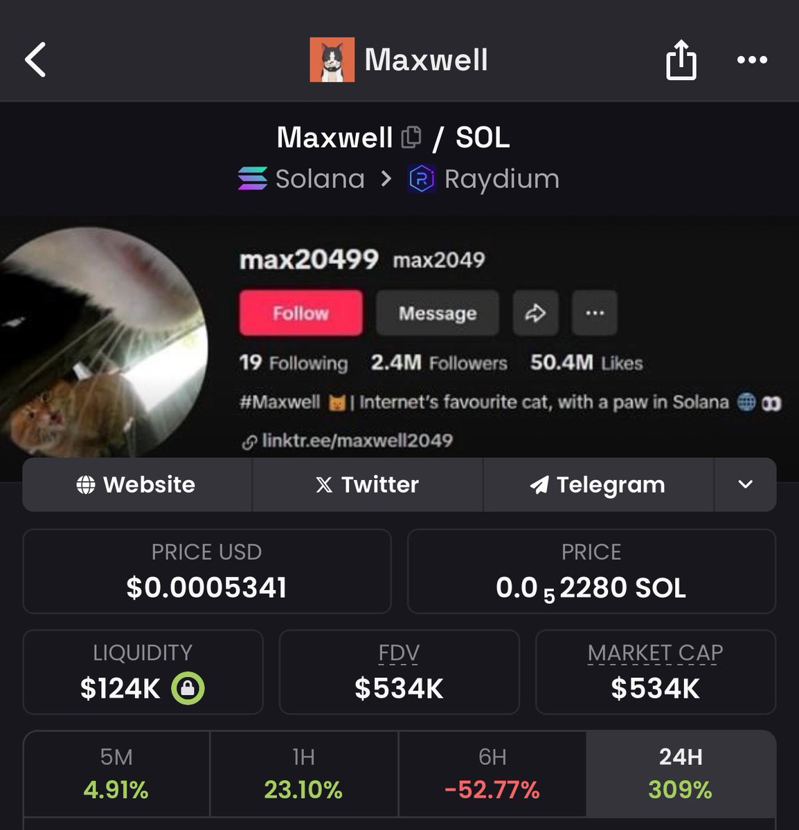 cloudz's tweet photo. Viral TikTok Cat

goes around his neighborhood strapped with a camera fighting other cats 

• 2.4M followers 
• Under 1M MC
• 100M+ views 

Leaving this here in case it cooks… https://t.co/uhB0af8u9k