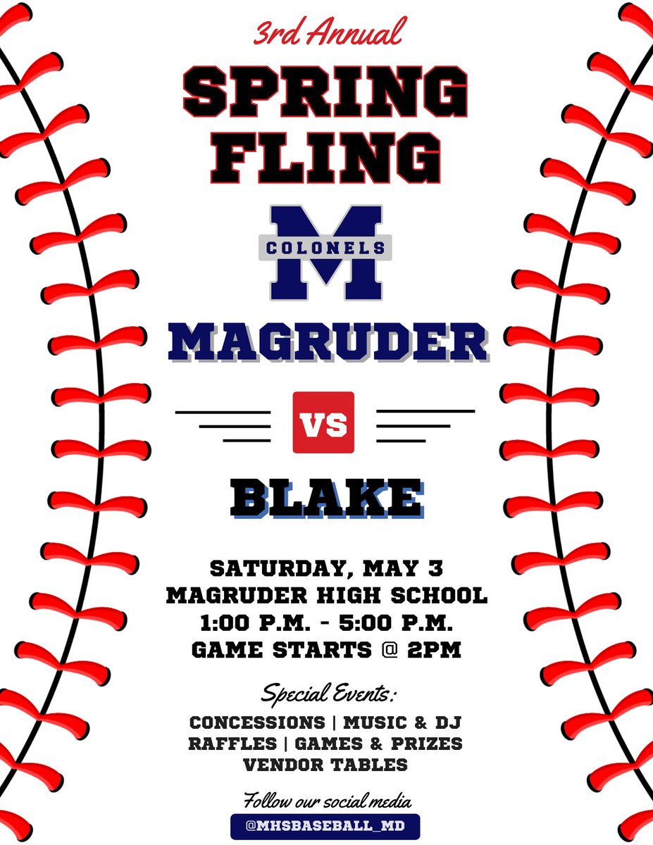 MHSBaseball_MD's tweet photo. ⚾️ Spring Fling 2025🎉
🗓️May 3rd
⏰1-5PM
🎶 DJ, concessions, raffles, vendors, etc.
📢 Businesses: Showcase your brand!
Sponsor, donate, or sell at the event.
📩 Get involved: DM or Email joshua_creighton@mcpsmd.org
#SpringFling #SupportYouthSports #MoCoEvents https://t.co/Rtr7itQySN