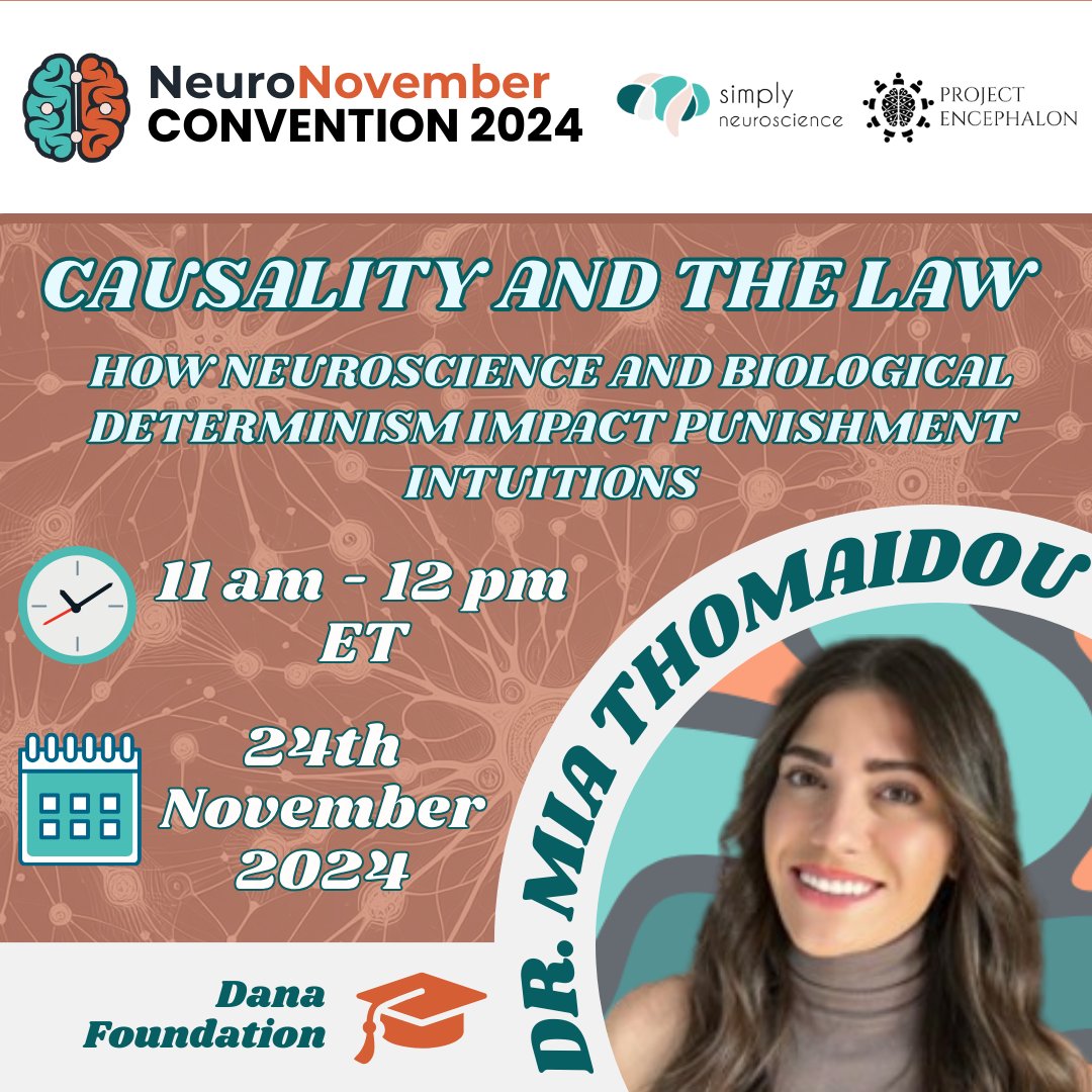 NeuroNovember's tweet image. Let's welcome the wonderful Dr. Mia Thomaidou who will be talking about how neuroscience and physics impact criminal justice.
ποΈ Join us at 11am-12pm ET, 24th November
π Register here: neuronovember.org/event-details/β¦
#neuronov2024 #neuroscience #research #neurolaw #physics