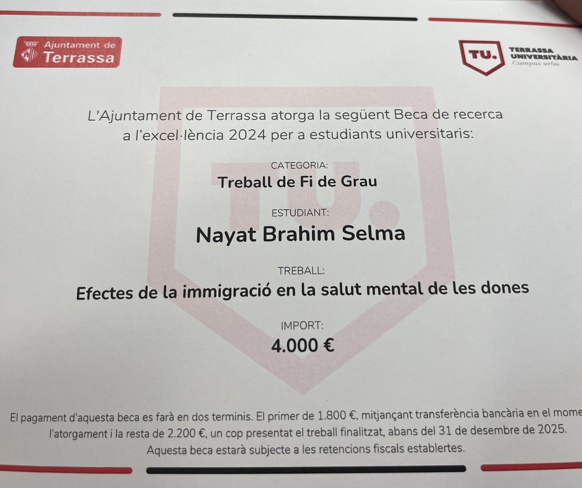 Acte de Lliurament de beques a l'excel.lència 2024, Ajuntament de Terrassa. Una vegada més el Grau d'Infermeria de l'Euit ha estat present amb la beca de l'estudiant Nayat Brahim Selma. Moltes felicitats Nayat!!#Euit #occare #biblioteca_euit