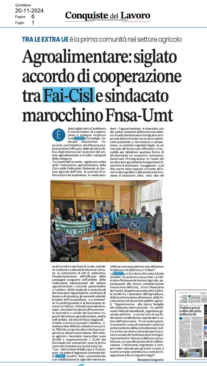 fai_cisl's tweet photo. 🗞 #Agroalimentare, sul quotidiano Conquiste del Lavoro l'accordo di cooperazione siglato a Casablanca tra Fai-Cisl e Fnsa, Fédération Nationale du Secteur Agricole, appartenente alla storica confederazione Umt, Union Marocaine du Travail. Tra gli obiettivi del memorandum, la formazione e tutela dei #lavoratori marocchini in Italia, prima comunità nel settore agricolo tra quelle extra Ue.