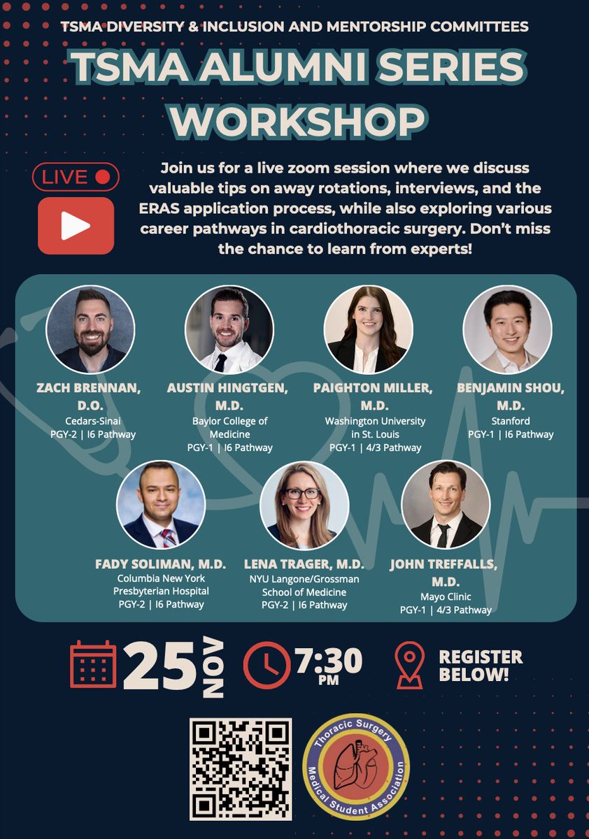 🚨 Reminder: TSMA Alumni Series Workshop 🚨
🗓 When: Monday, Nov 25 | 7:30 PM EST
💻 Registration Link: forms.gle/vz4Q4Ja5BoycPb…
🎯 Registration Deadline: Nov 22 | 11:59 PM EST
Get ready for a Live Q&amp;A session with TSMA alumni who successfully matched into cardiothoracic surgery!
