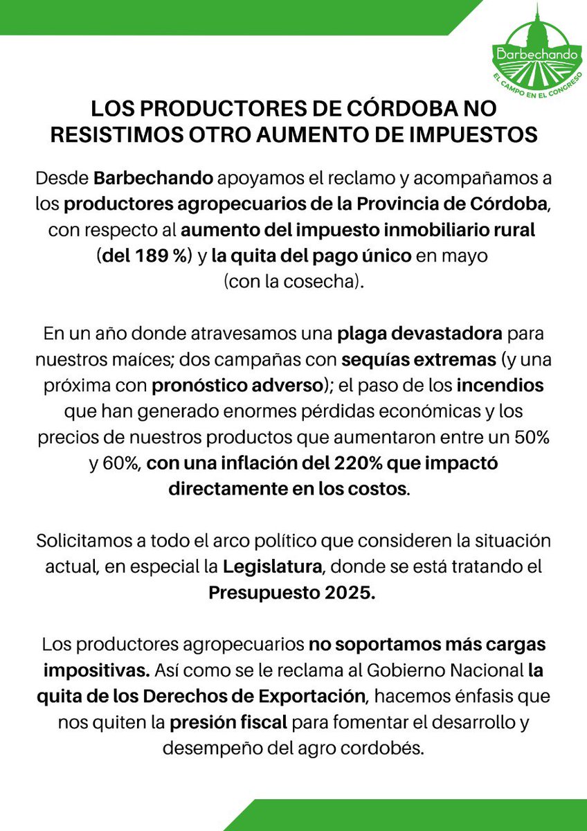 🗣️Comunicado: los productores de Córdoba no resistimos otro aumento de impuestos. 

🏛️📌Solicitamos especialmente a la legislatura que considere la situación actual de los productores para el tratamiento del Presupuesto 2025. 

#NoMásPresiónFiscal ⛔️