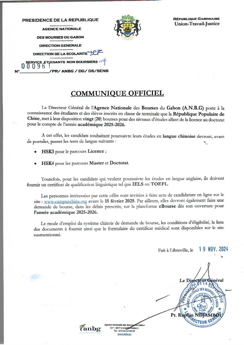 Lukeni241's tweet photo. {GABON🇬🇦}

L’Agence Nationale des Bourses du Gabon (ANBG) annonce 20 bourses pour des études en Chine (année académique 2025-2026), du niveau licence au doctorat. Pour candidater en langue chinoise : HSK3 (licence) ou HSK4 (master/doctorat). Pour les cursus en anglais, un certificat IELTS/TOEFL est requis. Les inscriptions se font sur https://t.co/SiGdwejK4I avant le 15 février 2025, en plus de la demande via la plateforme eBourse.

Ma chaîne WhatsApp 👉🏿 https://t.co/2khNjfFIDr
Ma page Facebook👉🏿 https://t.co/mq56zzk7JB

#Gabon